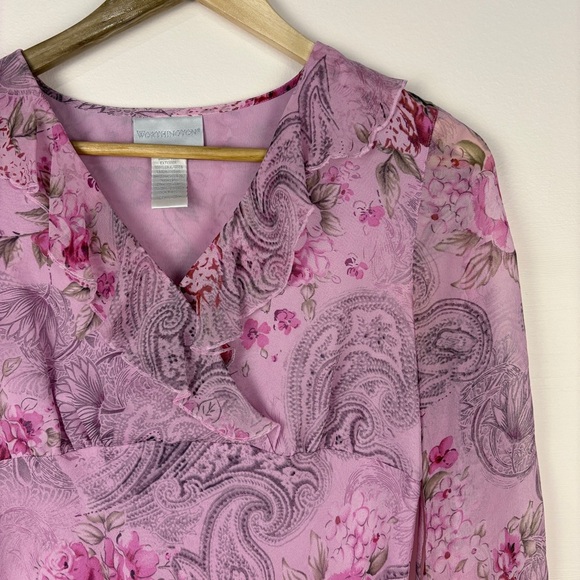 Vintage Y2K Silk Pink Floral Long Sleeve Blouse Babydoll Fairy - Picture 2 of 6